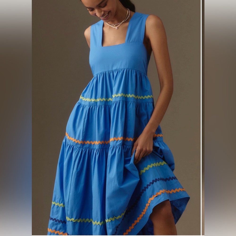 Anthropologie Helena Blue Midi Dress with Orange and Green Details